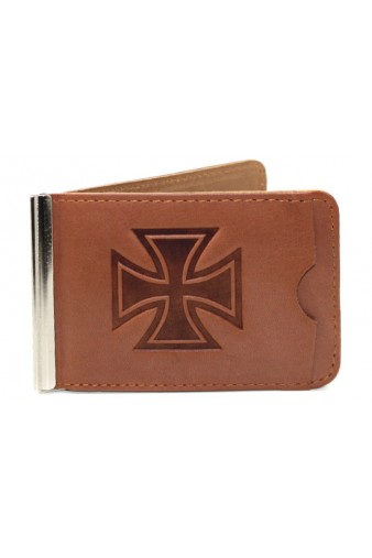 Кожаный зажим для денег Мальтийский крест с кармашком коричневый - фото 1 - rockbunker.ru
