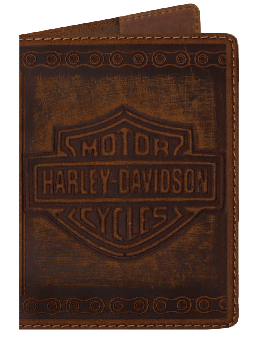 Обложка на паспорт Harley-Davidson кожаная Коричневая - фото 1 - rockbunker.ru