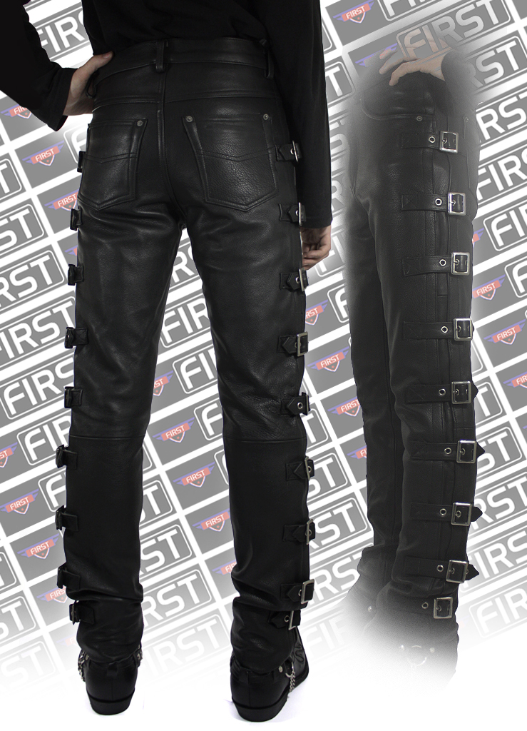 Штаны кожаные мужские First M-8040 с ремнями - фото 3 - rockbunker.ru