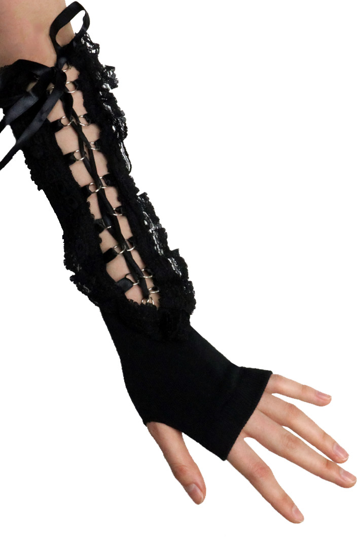 Перчатки-митенки Arm Warmer с кружевами и лентой черные - фото 1 - rockbunker.ru