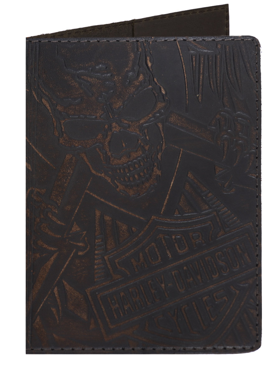 Обложка на паспорт Harley-Davidson кожаная Темно-Коричневая - фото 1 - rockbunker.ru