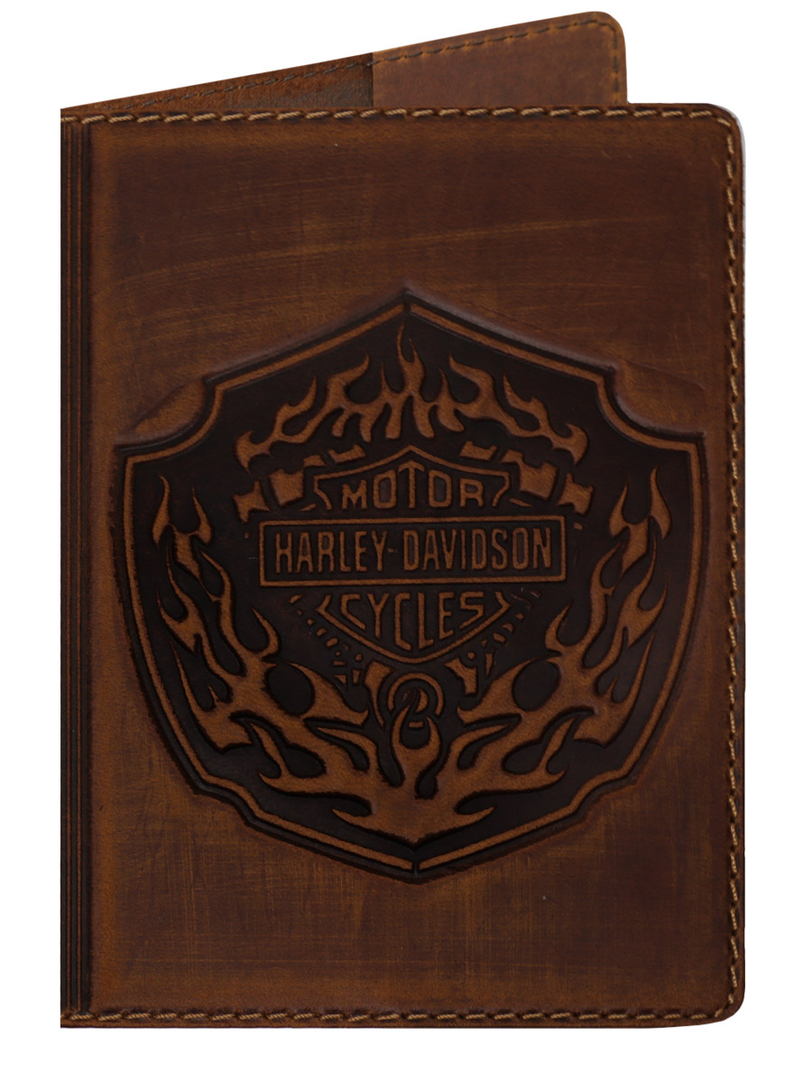 Обложка на паспорт Harley Davidson кожаная Темно-Коричневая - фото 1 - rockbunker.ru