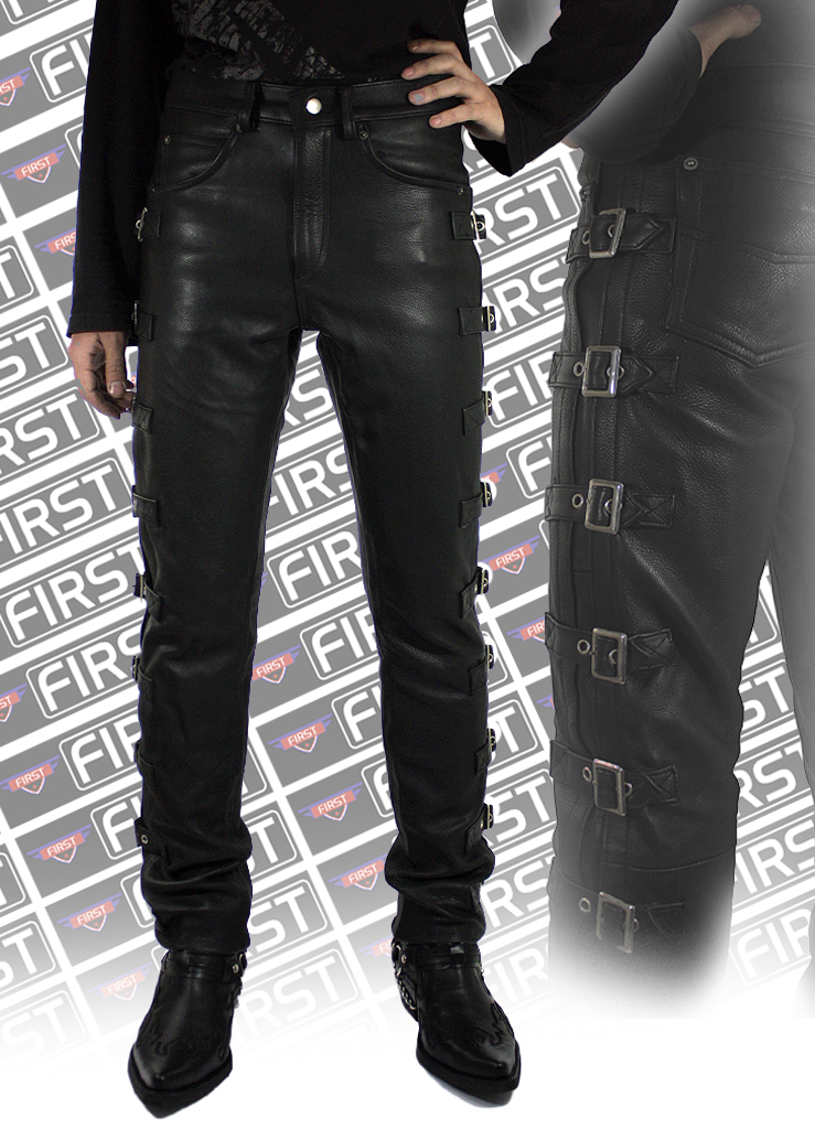 Штаны кожаные мужские First M-8040 с ремнями - фото 2 - rockbunker.ru
