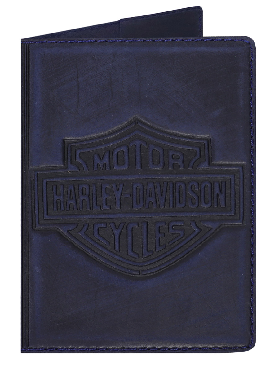 Обложка на паспорт Harley-Davidson Кожаная Синяя - фото 1 - rockbunker.ru