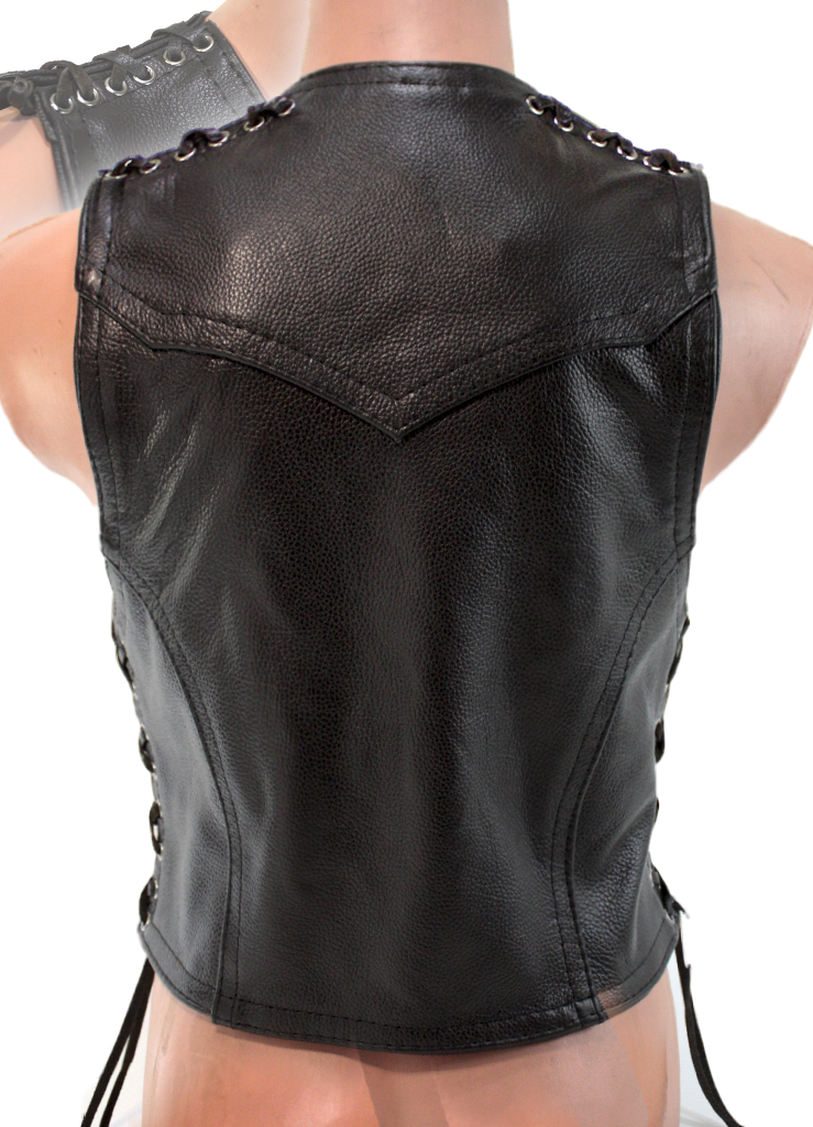 Жилет кожаный женский Classic Rock со шнуровкой на плечах черный - фото 4 - rockbunker.ru