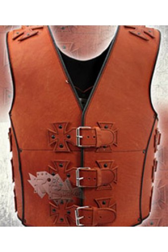 Жилет кожаный броня Hard Steel Железный крест с ремнями рыжий - фото 2 - rockbunker.ru