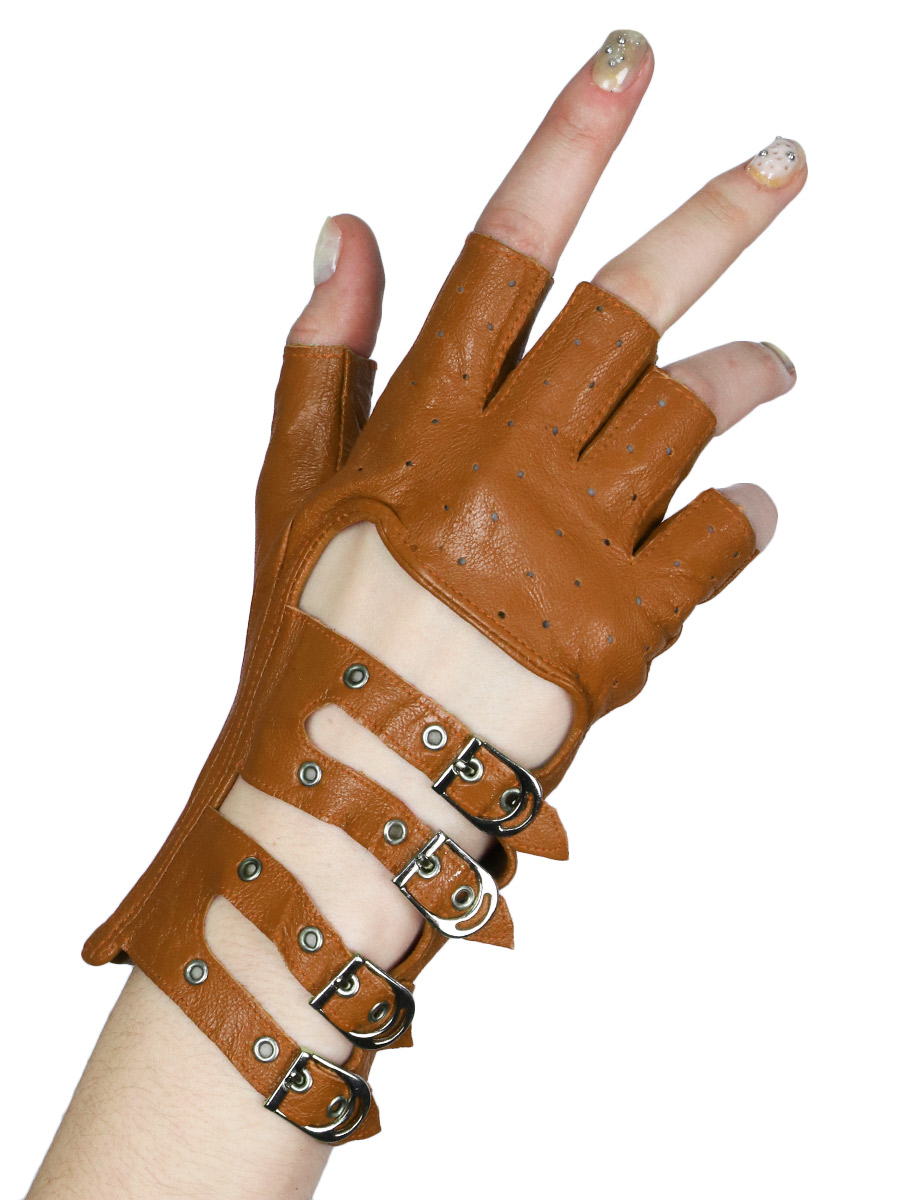 Перчатки кожаные без пальцев женские на ремешках коричневые - фото 1 - rockbunker.ru