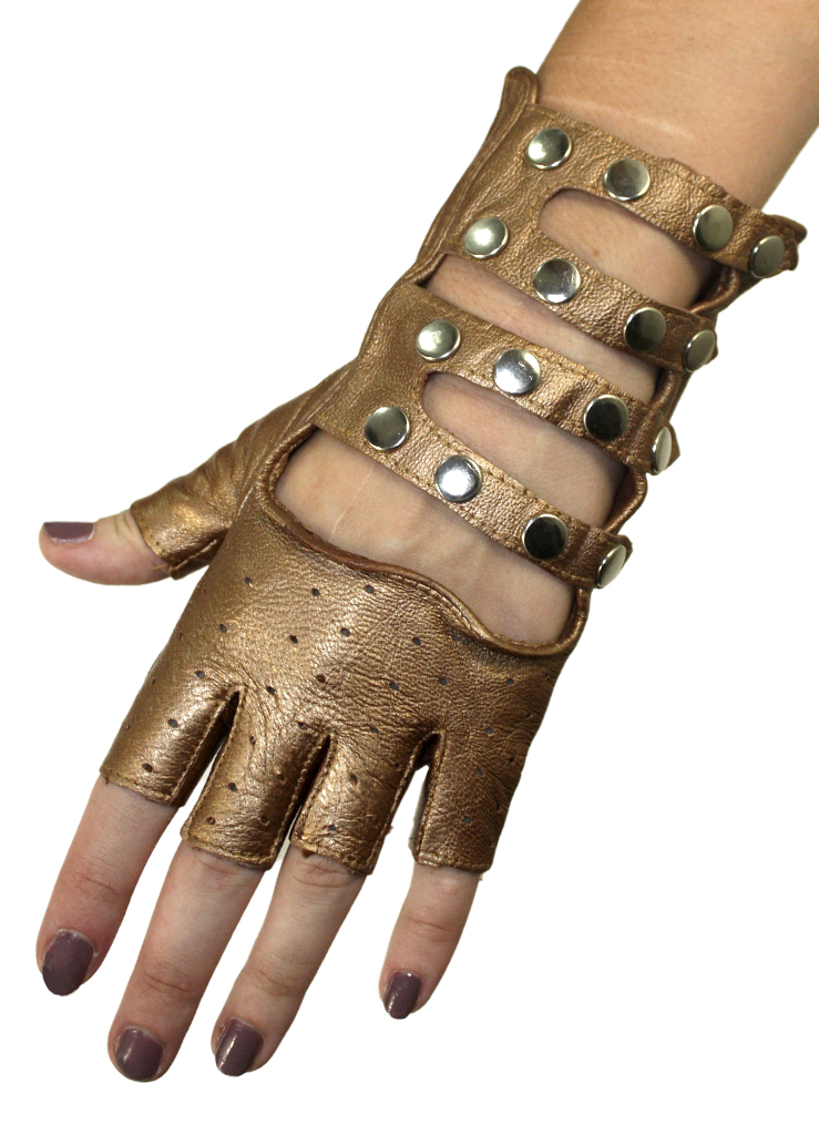Перчатки кожаные без пальцев женские на ремешках с кнопками - фото 2 - rockbunker.ru