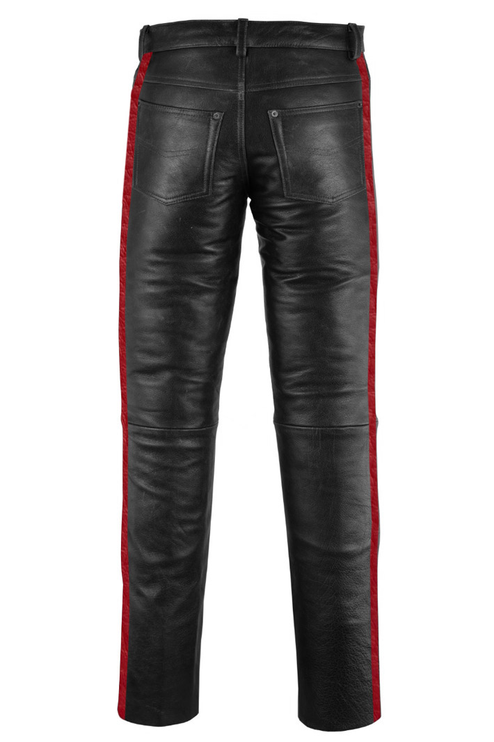 Штаны кожаные мужские с красно-белыми полосами - фото 2 - rockbunker.ru