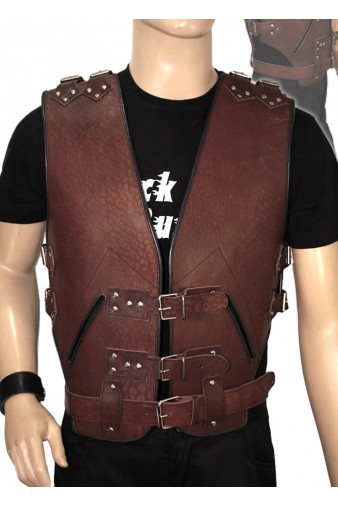 Жилет кожаный броня Hard Steel с карманами с ремнями коричневый - фото 1 - rockbunker.ru