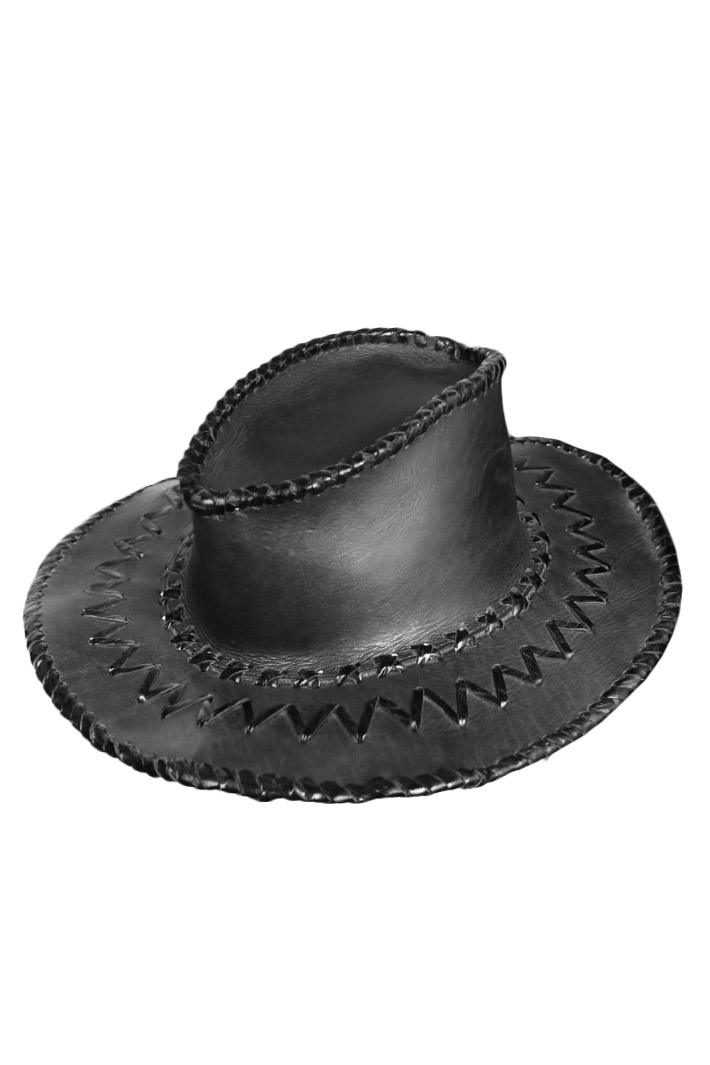 Шляпа кожаная черная с лаковой черной строчкой - фото 1 - rockbunker.ru
