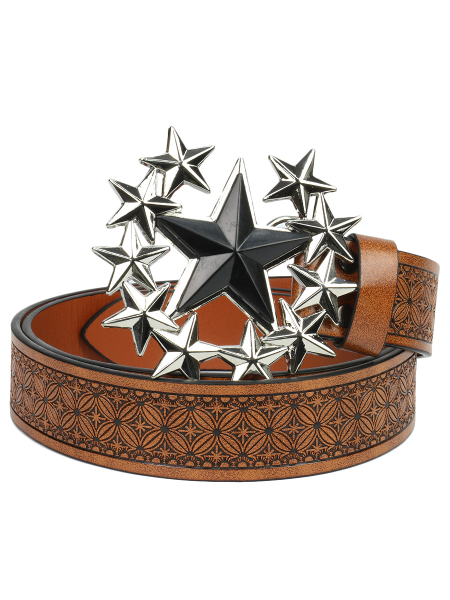 Ремень из экокожи с пряжкой Звезды коричневый - фото 1 - rockbunker.ru