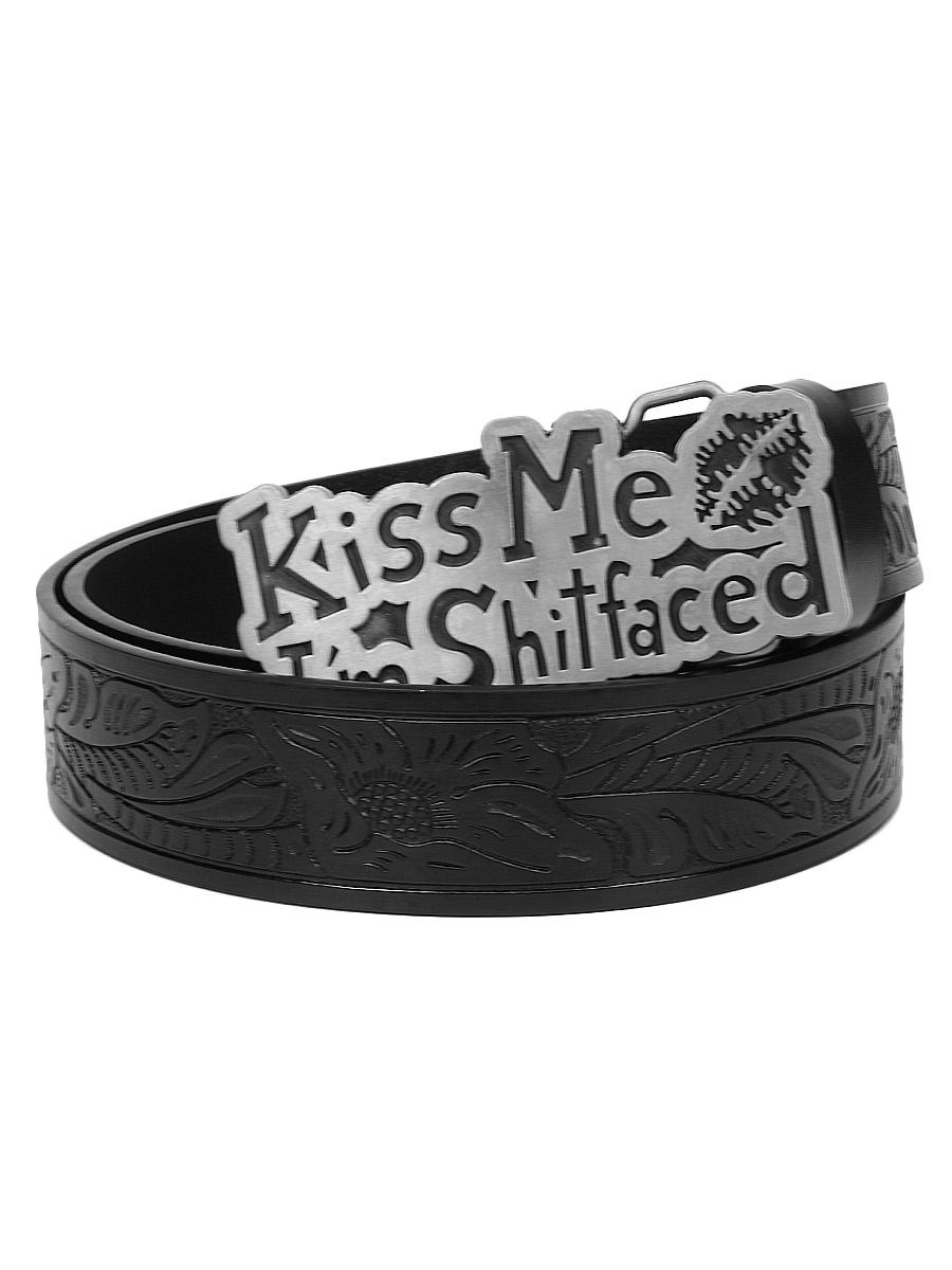 Ремень из экокожи с пряжкой Kiss Me черный - фото 1 - rockbunker.ru