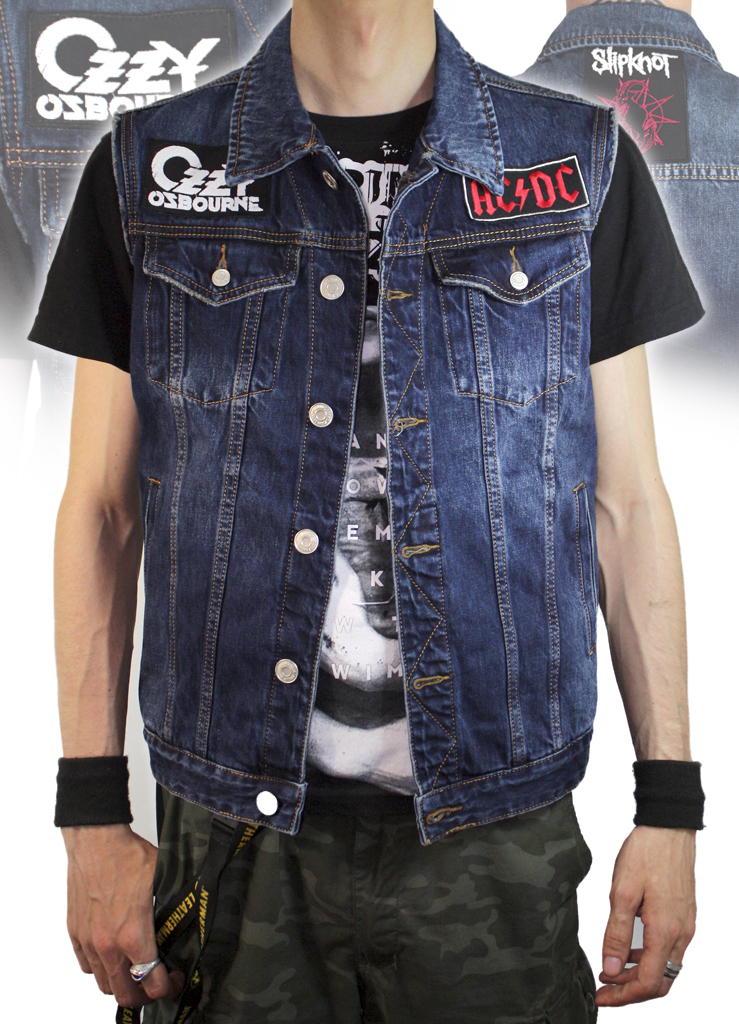 Жилет джинсовый с нашивками Ozzy Osbourne AC DC Slipknot - фото 1 - rockbunker.ru