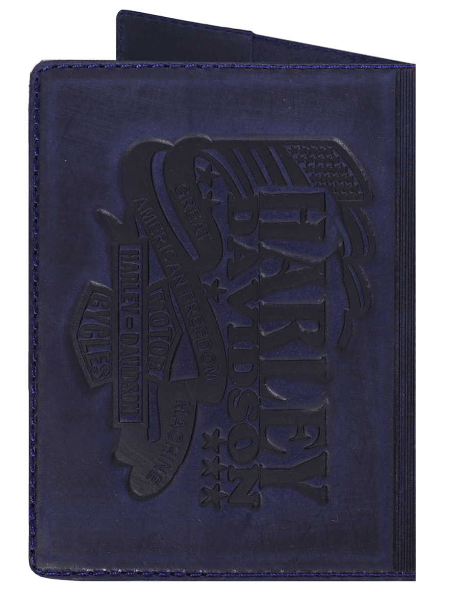 Обложка на паспорт Harley-Davidson кожаная Синяя - фото 2 - rockbunker.ru