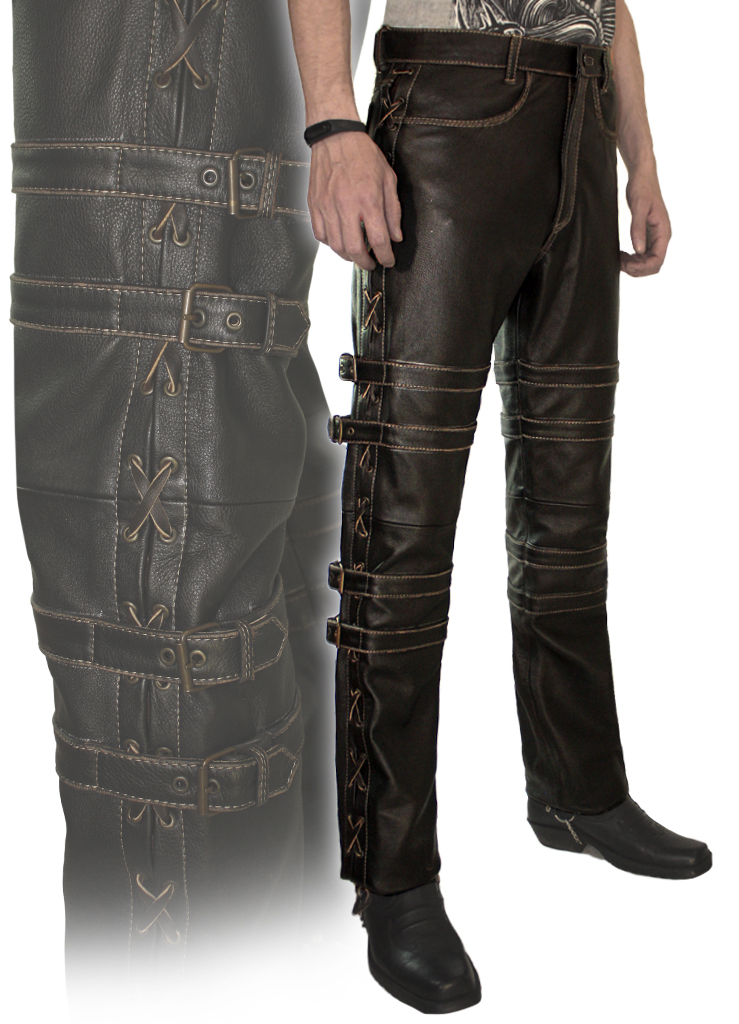 Штаны кожаные мужские с пряжками - фото 2 - rockbunker.ru