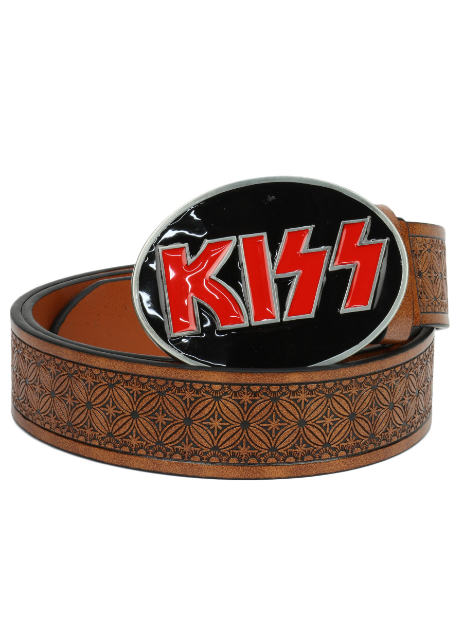 Ремень с пряжкой Kiss коричневый - фото 1 - rockbunker.ru