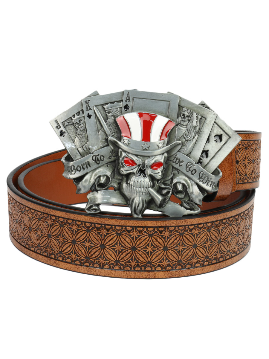 Ремень из экокожи с пряжкой Игрок 2 коричневый - фото 1 - rockbunker.ru