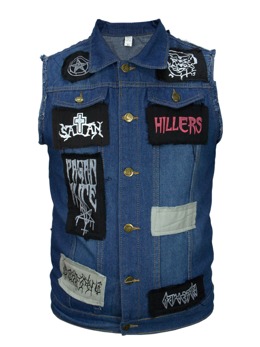 Жилет Джинсовый Синий с Нашивками - фото 1 - rockbunker.ru
