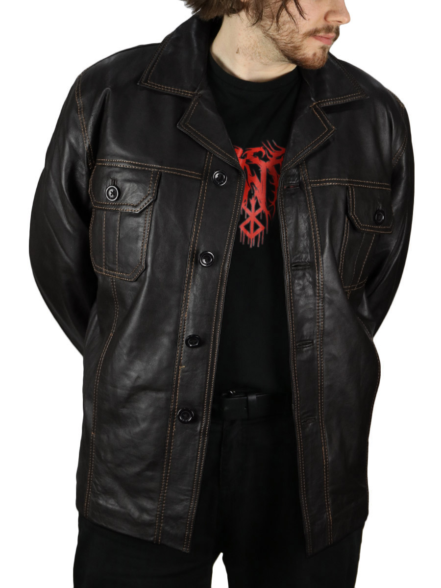 Пиджак кожаный black brown ПЖК003 - фото 1 - rockbunker.ru