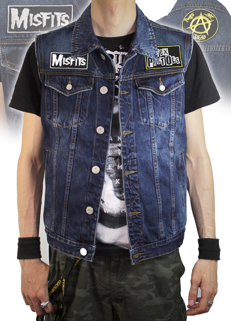 Жилет джинсовый с нашивками Misfits Sex pistols Punks not dead - фото 1 - rockbunker.ru