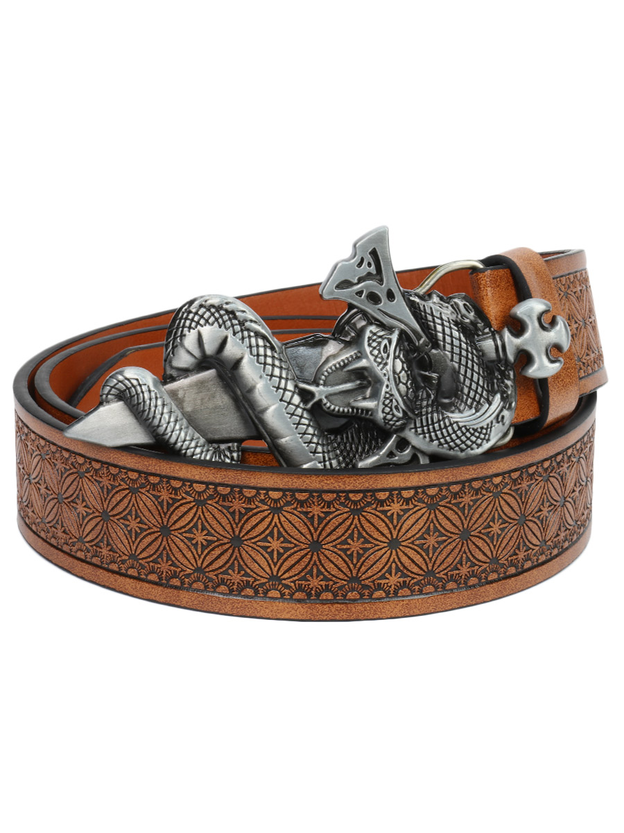 Ремень из экокожи с пряжкой Меч и Змей коричневый - фото 1 - rockbunker.ru