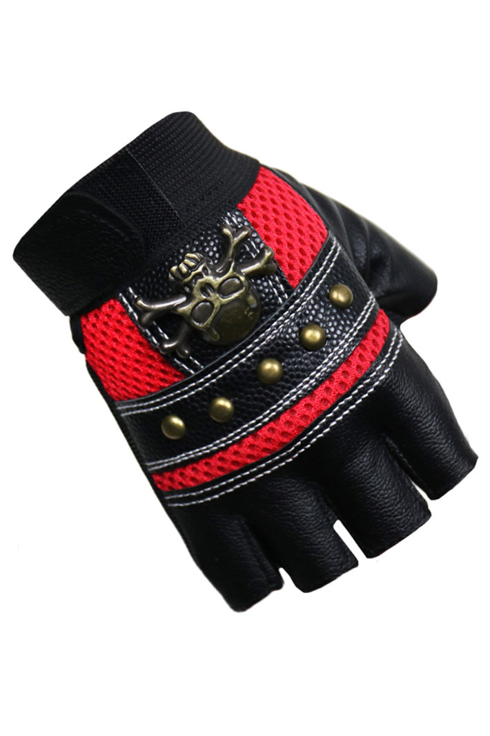 Перчатки без пальцев женские с черепами красные - фото 1 - rockbunker.ru
