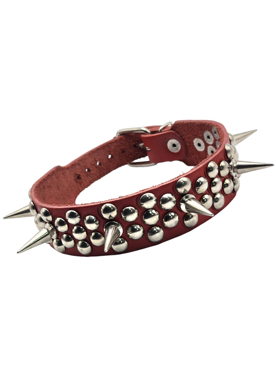 Ошейник кожаный Rebel State 6 шипов, заклепки красный - фото 1 - rockbunker.ru