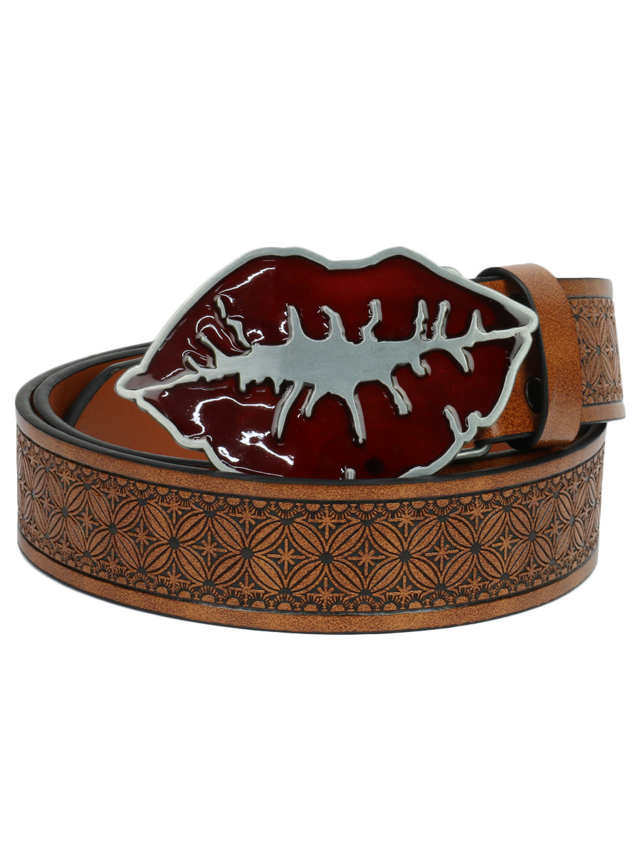 Ремень с пряжкой Red lipstick kiss коричневый - фото 1 - rockbunker.ru