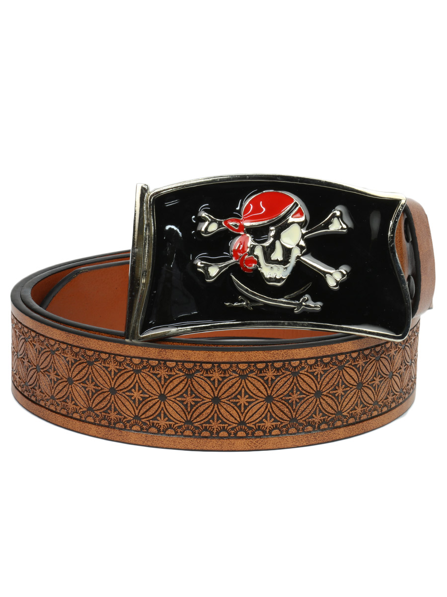 Ремень с пряжкой Череп Пирата коричневый - фото 1 - rockbunker.ru