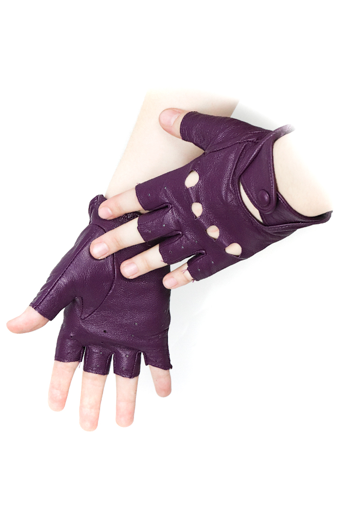 Перчатки кожаные женские без пальцев фиолетовые - фото 2 - rockbunker.ru