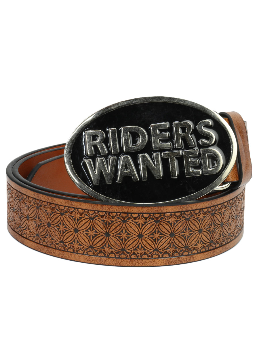 Ремень из экокожи с пряжкой Riders Wanted коричневый - фото 1 - rockbunker.ru