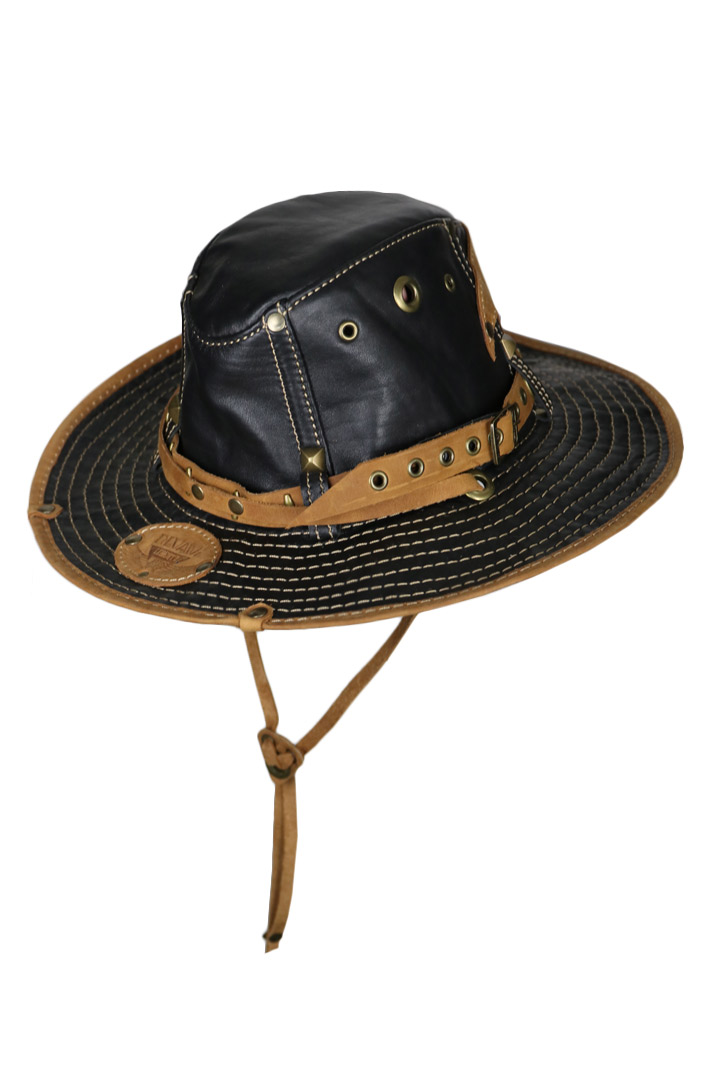 Шляпа кожаная черная с коричневыми вставками - фото 2 - rockbunker.ru