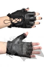 Перчатки кожаные без пальцев женские с кружевами на шнуровке черные - фото 2 - rockbunker.ru