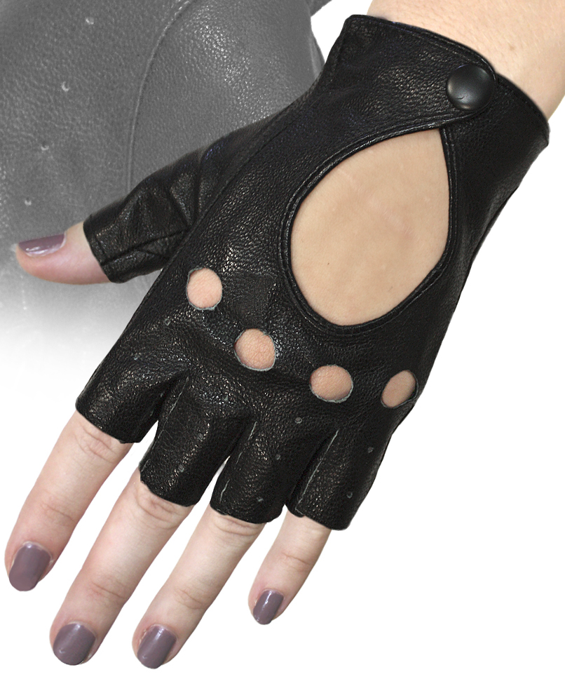 Перчатки кожаные женские без пальцев на кнопке с перфорацией - фото 1 - rockbunker.ru