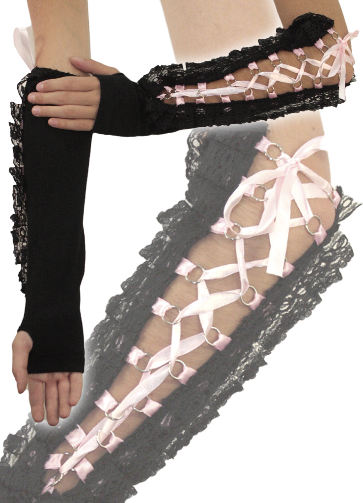 Перчатки-митенки Arm Warmer с кружевами и лентой розовые - фото 3 - rockbunker.ru