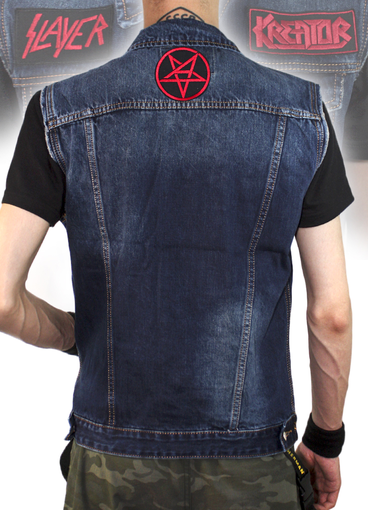 Жилет джинсовый с нашивками Slayer Kreator пентаграмма - фото 2 - rockbunker.ru