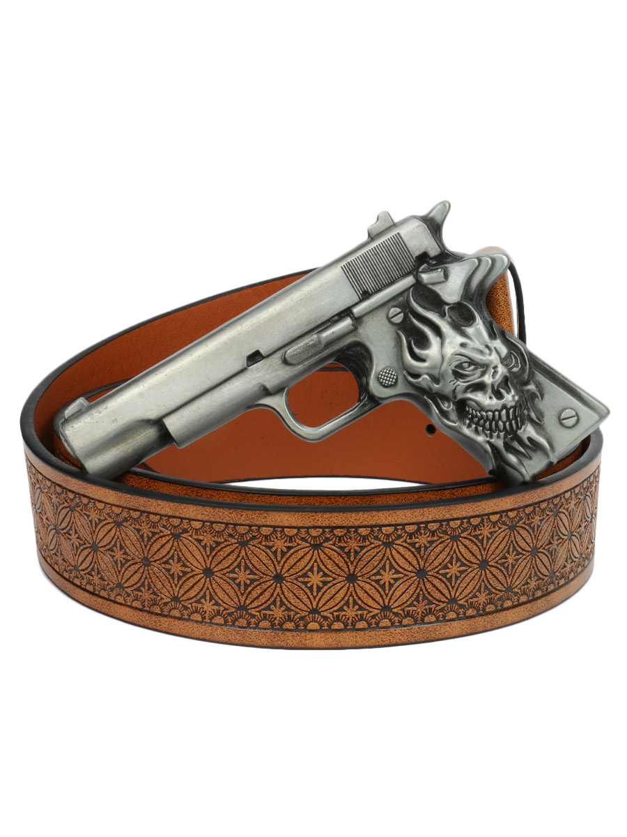 Ремень из экокожи с пряжкой Пистолет коричневый - фото 1 - rockbunker.ru