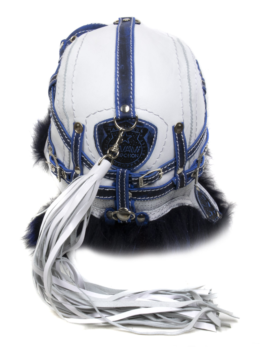 Бейсболка-ушанка меховая сине-белая с лапшой - фото 3 - rockbunker.ru