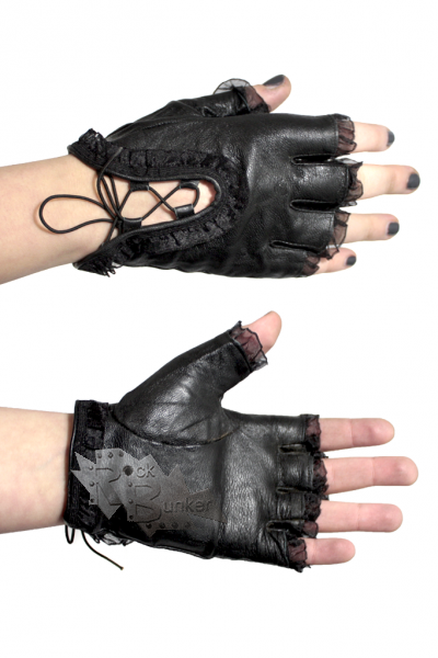 Перчатки кожаные без пальцев женские с кружевами на шнуровке черные - фото 1 - rockbunker.ru