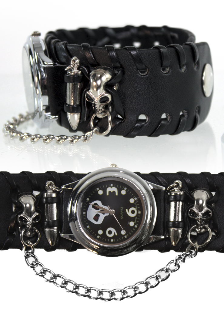Часы наручные Череп с цепочкой с черным циферблатом - фото 3 - rockbunker.ru