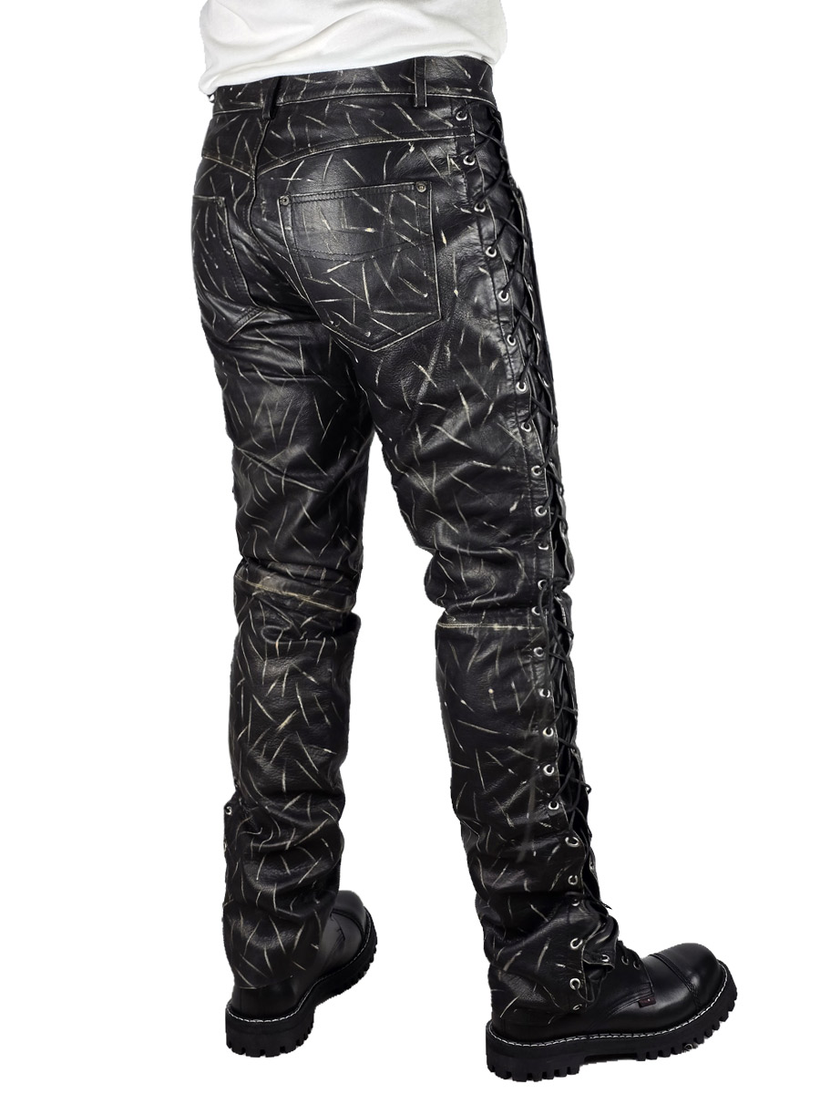Штаны кожаные мужские со шнуровкой M8041 - фото 3 - rockbunker.ru