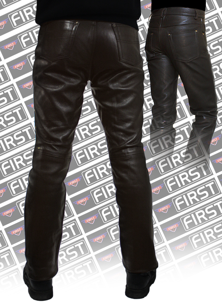 Штаны кожаные мужские First M-8025 BRN классические коричневые - фото 4 - rockbunker.ru