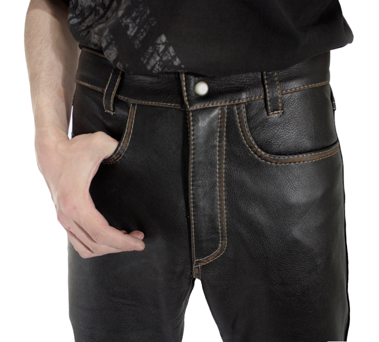 Штаны мужские кожаные классические с коричневой каймой - фото 3 - rockbunker.ru