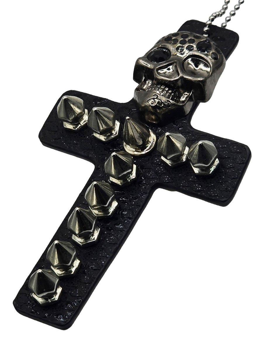Подвеска Крест с Черепом Стразами и Шипами черный - фото 1 - rockbunker.ru