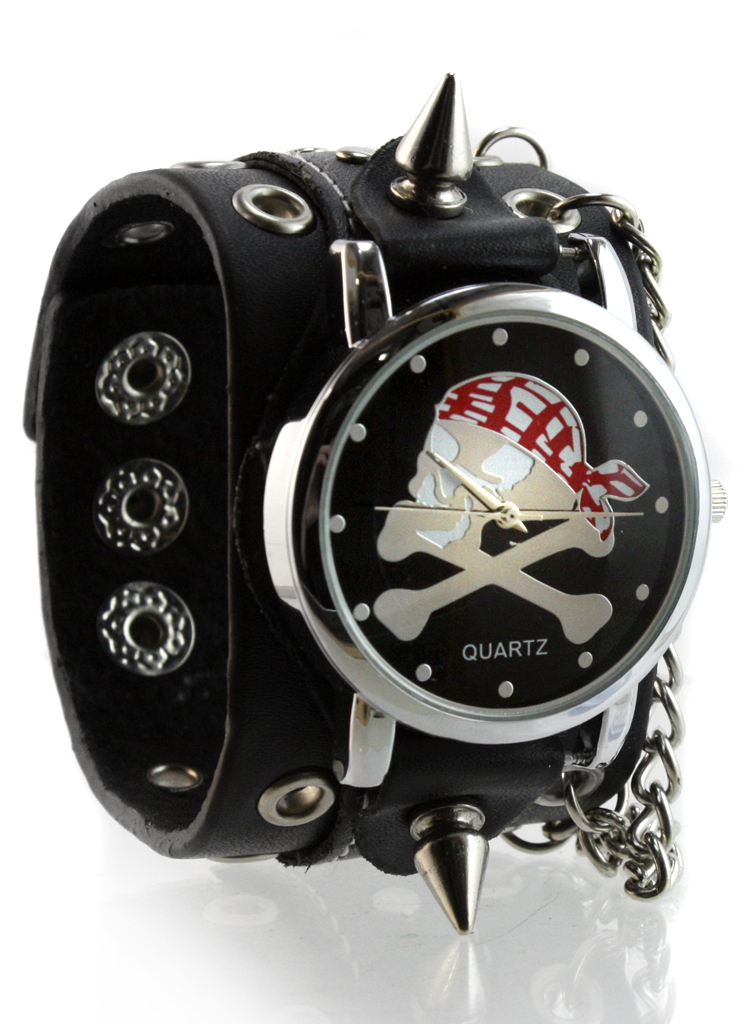 Часы наручные Череп в Бандане с цепочками и Шипами коричневые - фото 1 - rockbunker.ru