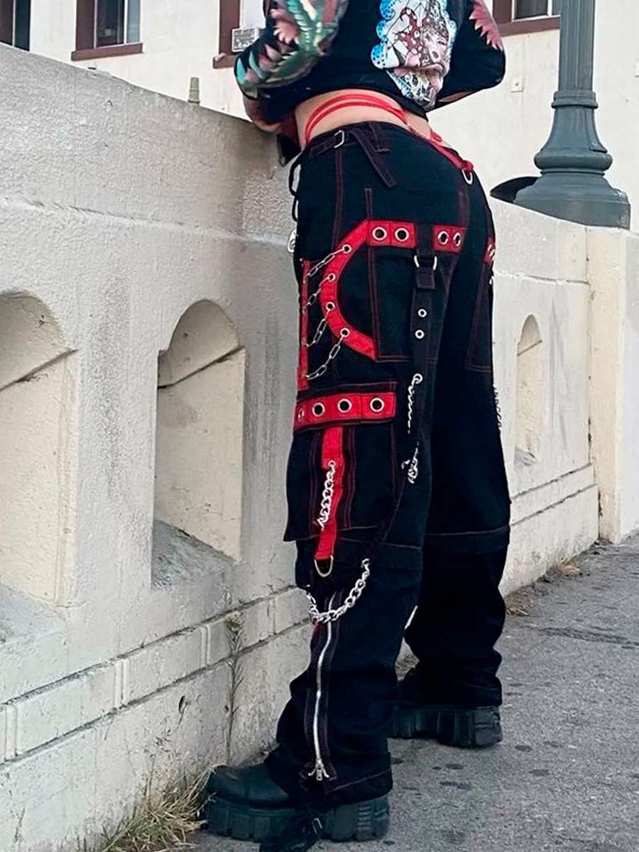 Штаны Летние с Цепями и Красной Строчкой - фото 2 - rockbunker.ru