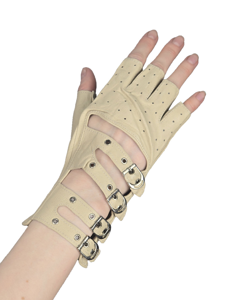 Перчатки кожаные без пальцев женские на ремешках бежевые - фото 2 - rockbunker.ru