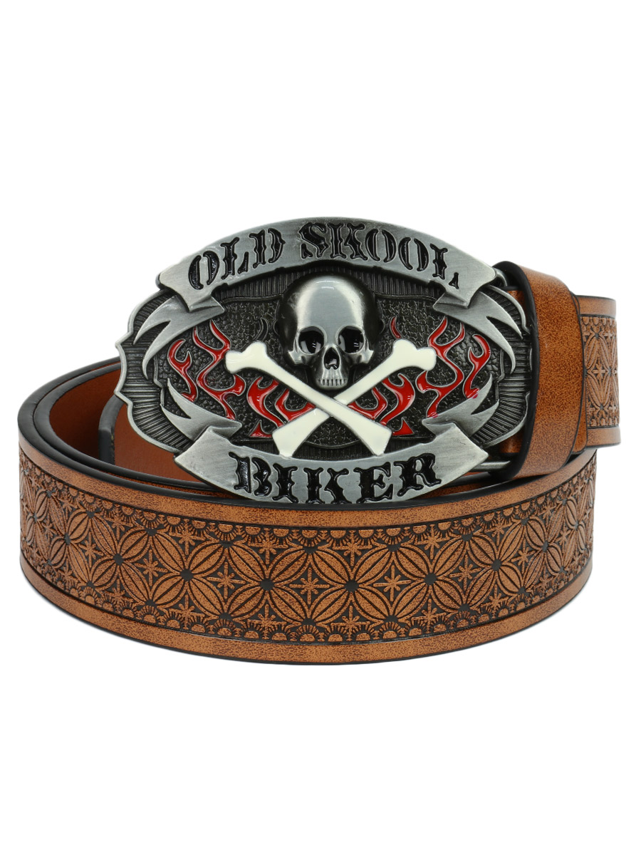 Ремень  с пряжкой Old Skool Biker коричневый - фото 1 - rockbunker.ru
