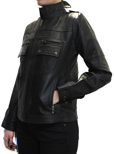 Куртка кожаная женская с нагрудными карманами - фото 3 - rockbunker.ru